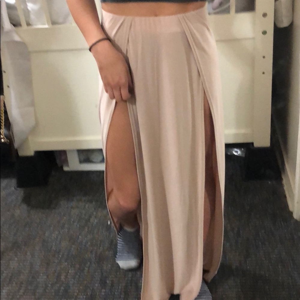 Tan M-Slit High Waisted Maxi Skirt